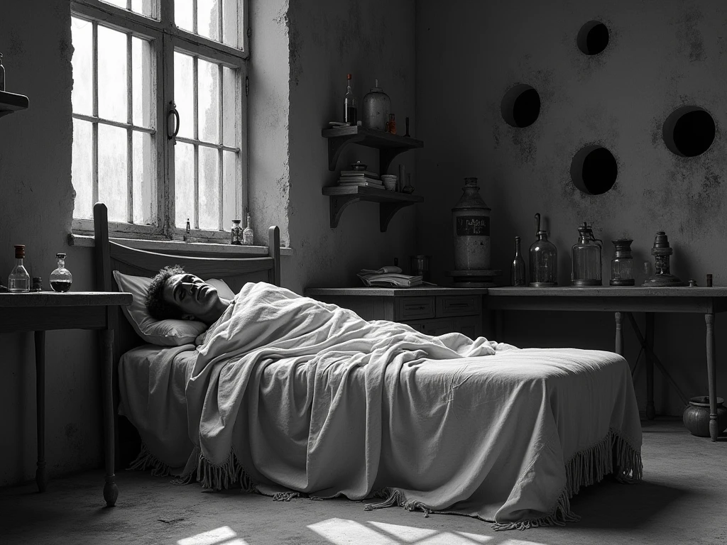 painting of a dead pale man lying on bed in house, mattress made of dried herbs and flowers, dark atmosphere, cinematic scene, volumetric lights, ultra realistic, in the style of nicola samori