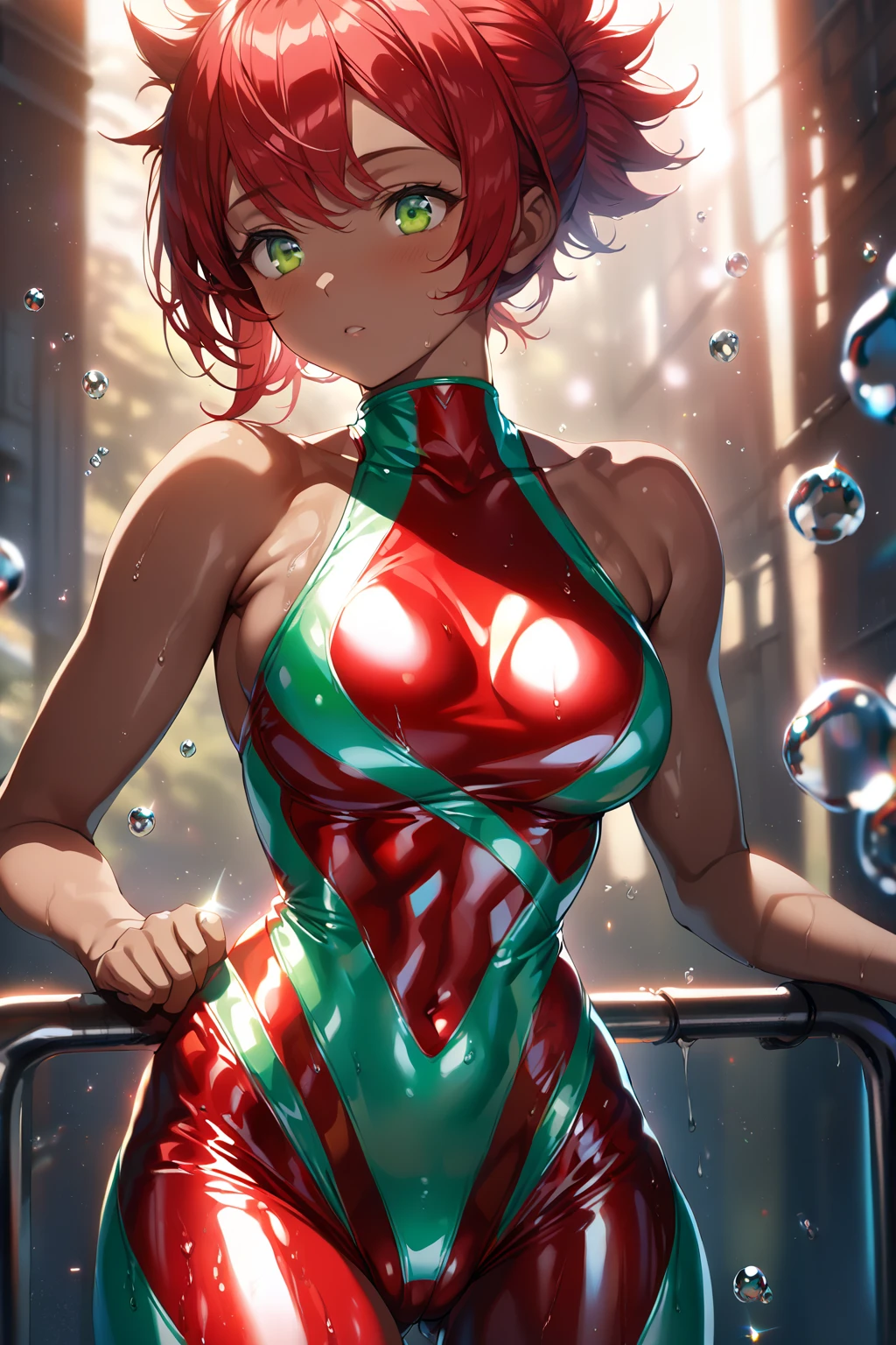 Browsing Caution, 1 person,highest quality, Best image quality, masterpiece, Very detailed, shape, Pool, One piece swimsuit, girl, Ranma,Red Short Hair, Slime nest, Slime (substance), (((Big Breasts))),Imprisonment, Inhibition, bondage, big Slime, Tentacles, Transparent body, Grabbing her breasts,