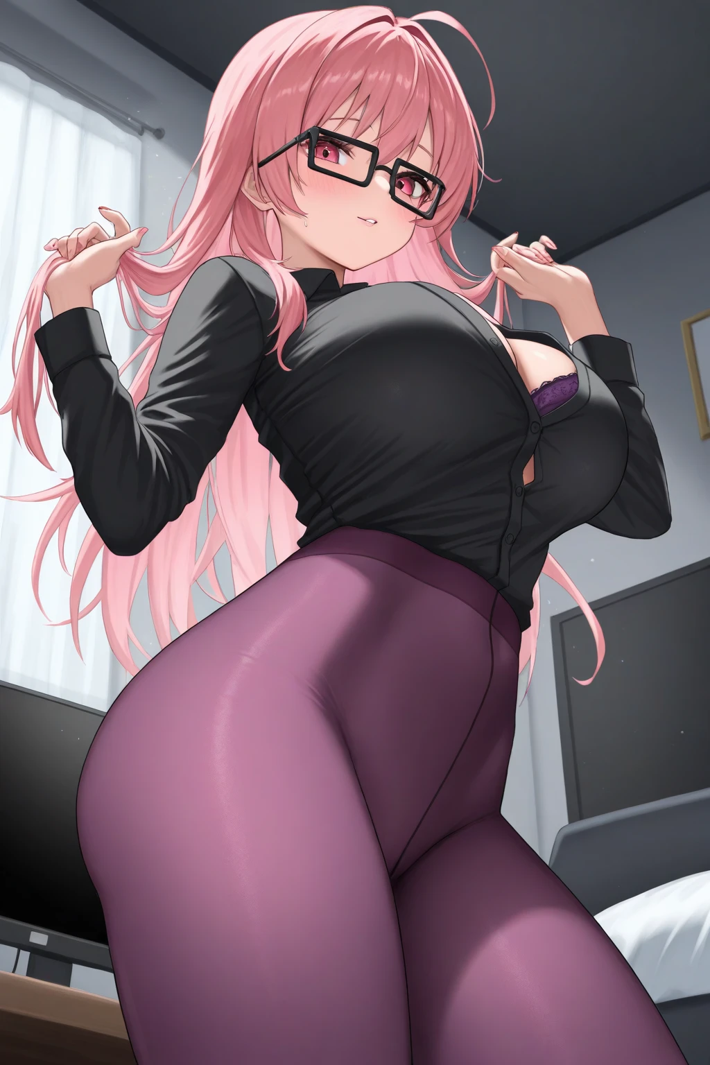 Tall girl with pink hair with cat ears wears a short black sweater and a short black skirt and black stockings on her legs with big breasts and wide hips and wears glasses and has a pink cat tail and a cute expression