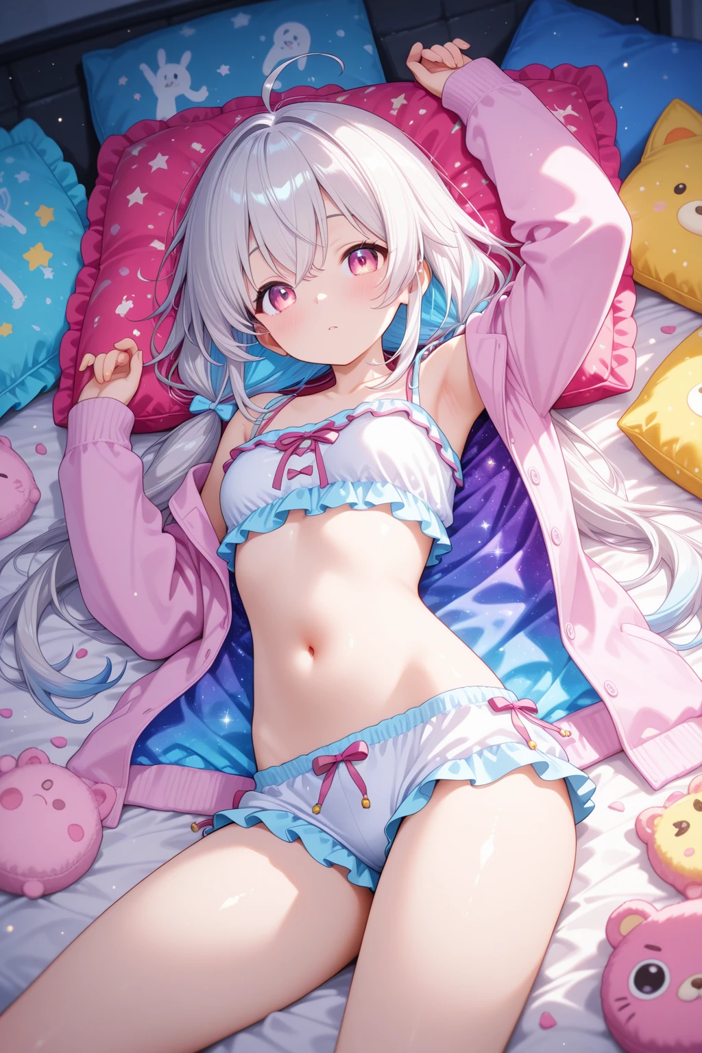 ((8k, Highest quality, masterpiece: 1.3)),Ultra-high resolution,(1 girl, alone), (Color changing eyes, Ultra-detailed, Expressive brilliance, Glitter, Glowing Eyes), Highly detailed eyes, Highly detailed face, Random Hair, ((pastel colour)), In the soft glow of her bedroom, a woman lies on her back on the bed, her pastel bikini slightly askew, revealing a bit more skin than intended. Her legs are spread, and she wears an expression of serene ecstasy, eyes half-closed and lips parted in a blissful smile. The ambient light accentuates the warmth of her skin, as she gently adjusts the bikini, lost in the moment. (lying on back, blissful face, wide-spread legs:1.5, bikini slightly askew).