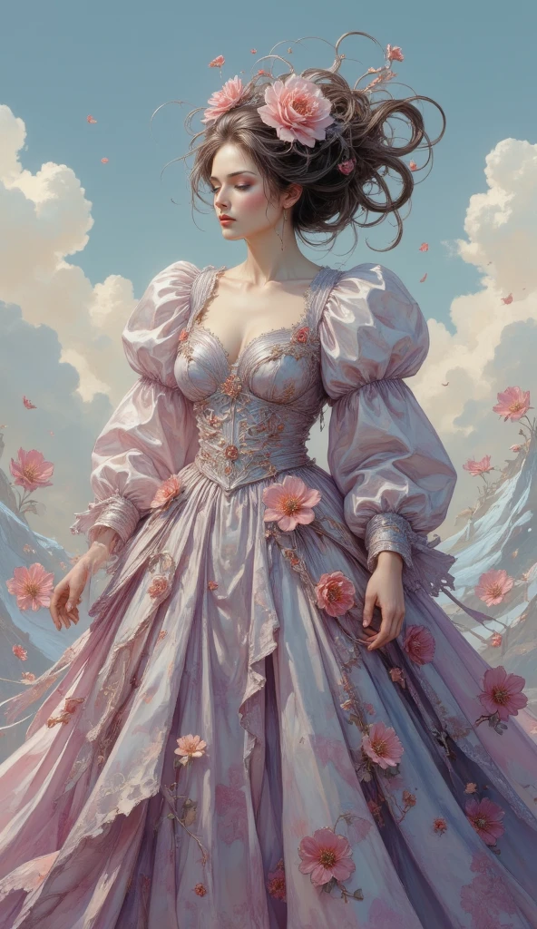 1 girl "Ally Sheedy com vestido vinho longo", （Jogo King Card:1.5, simetria rotacional),Stephen Gammell,(cowboy shot), Minimalist compositions, requintada armadura de cristal，Fio Eletroluminescente, magic sparks, enchanted magical fantasy. Peach Blossom Land, heaven, Jogo CG, Hand Painted Style, 8k, Ultra HD | |, arte digital conceitual, Azure azul e cinza,(Very detailed, Reasonable design, linhas claras, Alta nitidez, melhor qualidade, master part, 4k ).