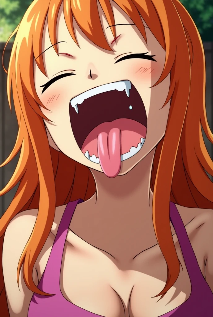 score_9, score_8_up, score_7_up, score_6_up, score_5_up, score_4_up, BREAK source_anime,POV,city,outdoor,smile,standing, nami_, orange hair, long hair, wavy hair, side locks, brown eyes, large breasts,blush, open mouth, big mouth, tongue, tongue out, close up, saliva, uvula, uvula, mouth focus, excessive saliva, , looking down, nude, long tongue, large tongue, room, indoors, highres, side, on side, looking at side, selfie, armpits, sweaty armpits, orange eyes, angry, closed eyes