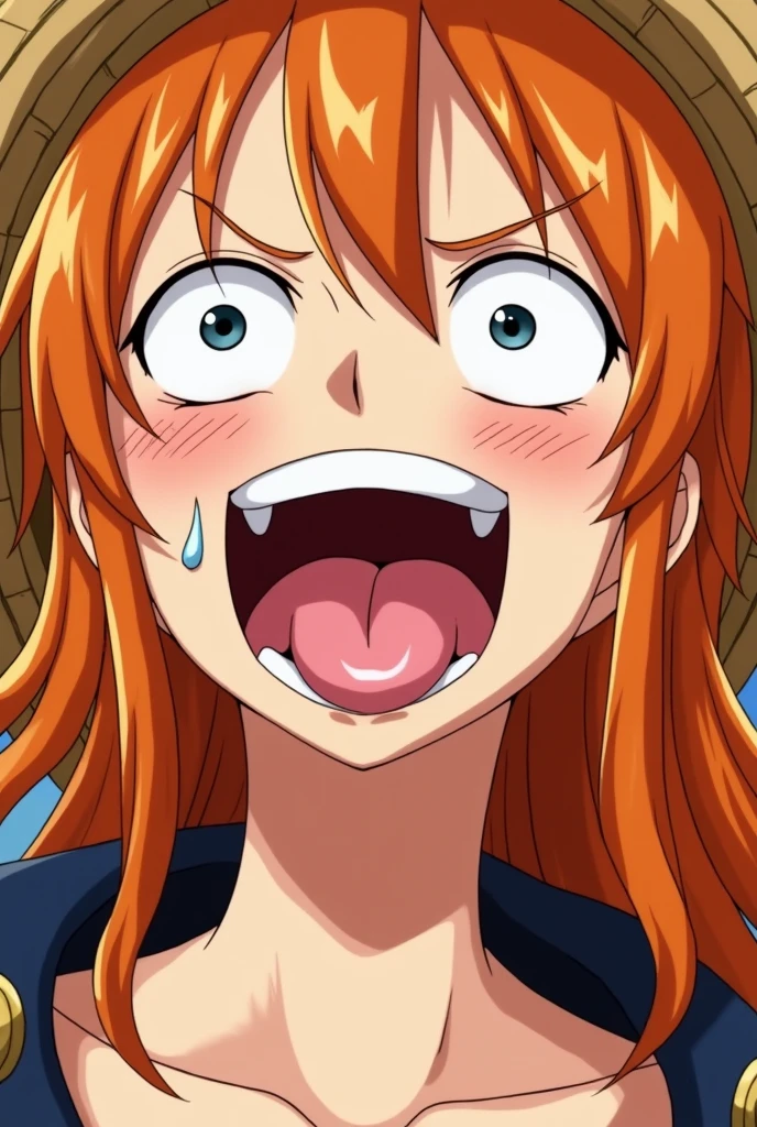 (obra maestra, mejor calidad), 1chica, deslumbrante, face, open mouth, uvula, mouth, tongue, tongue out, nami, long hair, orange hair, orange eyes