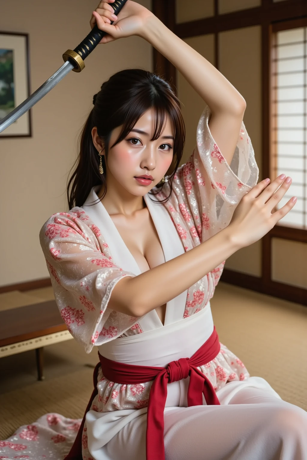 Grace Park, 30 year old, Slim, hair falling in soft waves over her shoulders, stands confidently inside the lens of an F1.8 camera. Inside soft lit empty Japanese room. Her slender figure is accentuated by the ultra-detailed colorful kimono she wears, exposing her ample cleavage and perky ass. Sexy Geisha. With a seductive glance over her shoulder, she raises an elegant hand to her cheek, her full lips forming a subtle smile. Her frame is clad in stiletto heels, adding an extra allure. The high perspective of the shot, looking down on her, enhances the realism and intricacy of every detail, making her poise and beauty truly come alive. intricate details, highly detailed, sharp focus, detailed skin, realistic skin texture, texture, detailed eyes, high resolution, masterpiece, best quality, professional, 4k, extremely detailed, foto_\(ultra\), photorealistic, realistic, post-processing, maximum detail, roughness, real life, ultra realistic, photorealism, photography, 8k uhd, photography