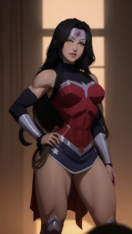 (masterpiece, best quality:1.2), cowboy shot, solo, 1girl, cinder fall wearing a red tube top with black shorts, evil smile, looking at viewer, long hair, red dress, elbow gloves, on busy street, (crotch bulge:1.3),
