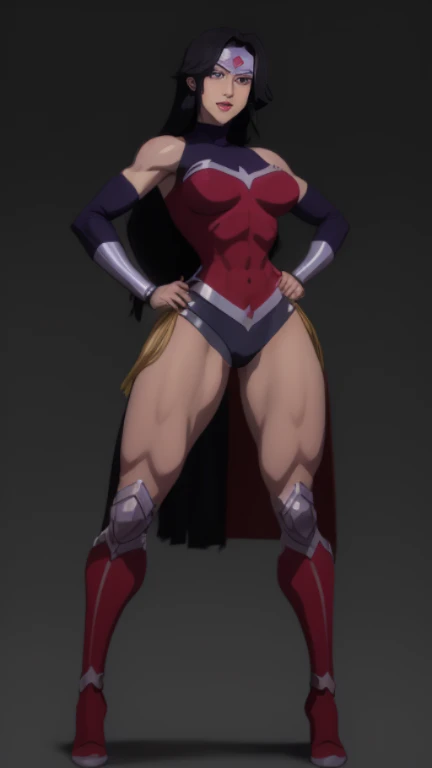 smug, musclegirl,, medium breast, full body, standing, cloak, red hair, blue eyes, flipflops,smile, martial arts