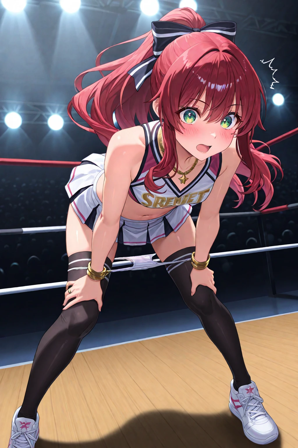1990s,(style), (cel anime:1.1), official art,extremely detailed CG unity 8k wallpaper, perfect lighting,Colorful, Bright_Front_face_Lighting, (masterpiece:1.0),(best_quality:1.0), ultra high res,4K,ultra-detailed, photography, 8K, HDR, highres, absurdres:1.2, Kodak portra 400, film grain, blurry background, bokeh:1.2, lens flare, (vibrant_color:1.2),(back shot,ass,butt up,back view,ass,butt up,from behind,from very below,ceiling,upskirt:1.2),perfect anatomy,long_black_hair,ponytail,hidero horibe, (cute cheerleader uniform,micro miniskirt:1.3) (knee boots:1.1), choker, white gloves, choker, elbow gloves, jewelry, earrings, cowboy shot, 1990s,(style), indoors, (shiny skin), medium breasts,1990s,(style),(frown,shame, embarrassed,furrowed brow,opened eyes tightly,crying,tearly,closed mouth,clench teeth,full-face blush,:1.2),looking back:1.1 ,arms up,shibari,(shibari over clothes:1.5),bdsm,(bound wrists together behind head:1.1),panties,cameltoe, erotic,(leaning forward,show white-high-cut-panty from micro-miniskirt:1.4),panties focus,pectoral cleavage,gipple,standing,
