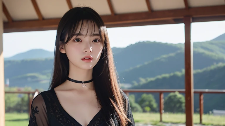 strapless, black thong, SMALL BREAST, sexy pose, model pose, earring, AUTUMN park, colorful trees, lakeside, sitting, moonlight, windy, hair flying, night, extremely detailed eyes, extremely detailed face, best quality, extremely detailed, one person, one girl, ultra-detailed, (realistic, photo-realistic:1.3)