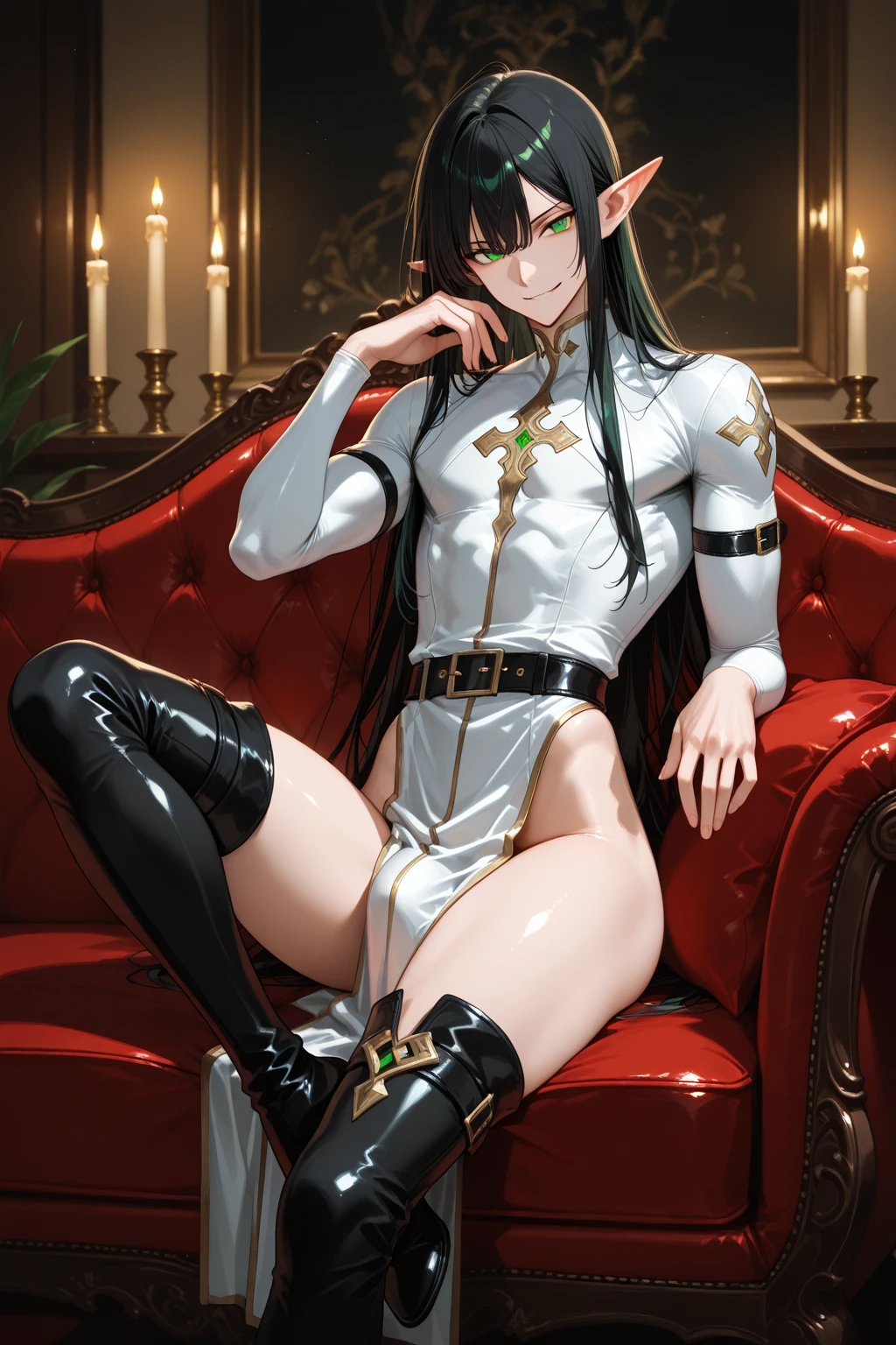 1boy, toned, sharp wolf ears, wolf tail, black messy hair, golden eyes, HD, masterpiece, vibrant, black boots, dead expression, thigh highs, booty thong, bulge crop top