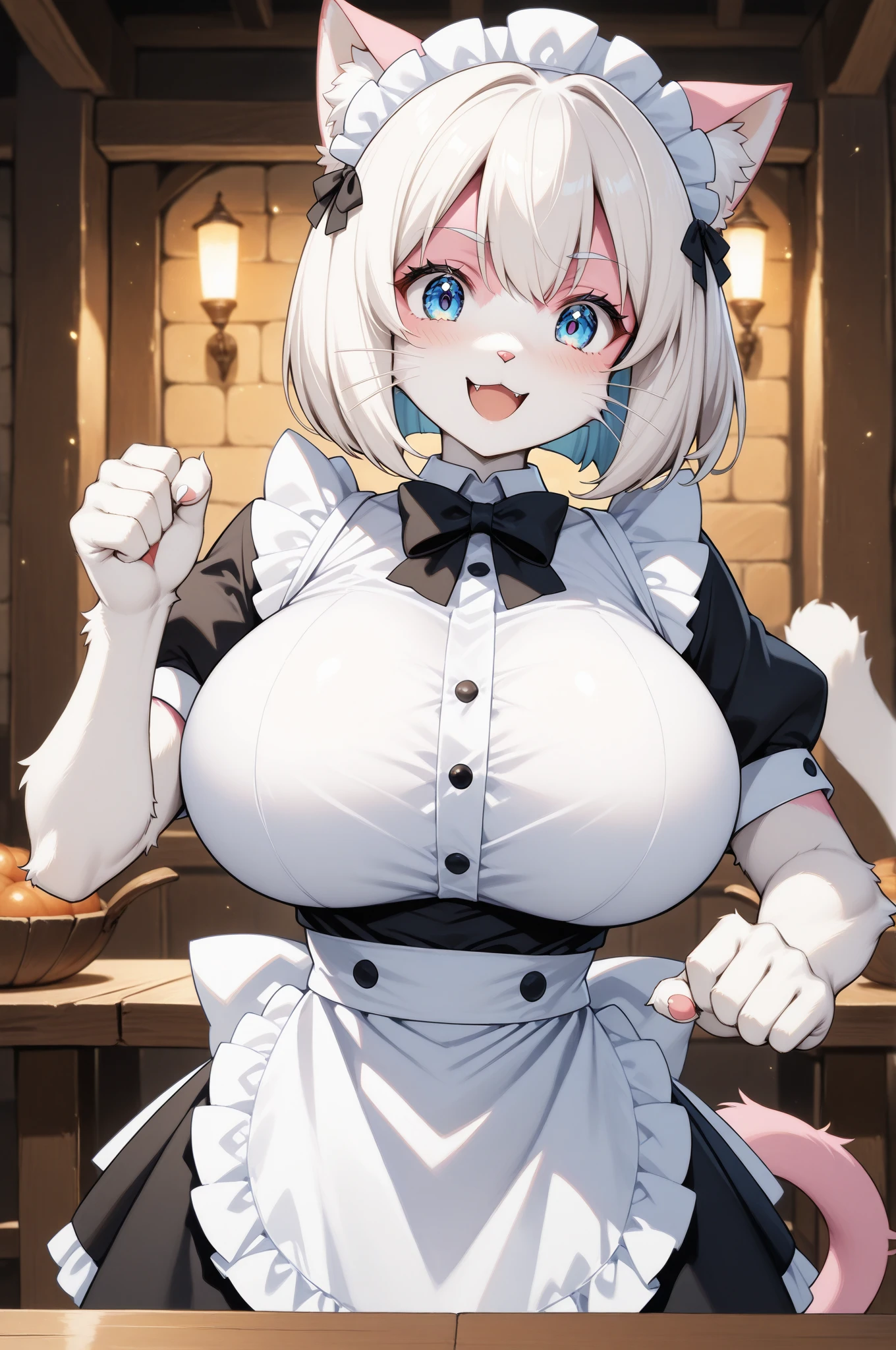 One Woman、beautiful girl、Maid、20-year-old、Bobcut、Western-style building、Maidの制服、Maidカチューシャ、Short skirt、Black Pantyhose、Highest quality, smile,Big Breasts、Very big boobs、Put your on the table、 sinking into the table、Put your boobs on the table、Bust up angle、Place breasts on table、Put your on the table、Place your chest on the table、Poses that emphasize the breasts、Sit on a chair