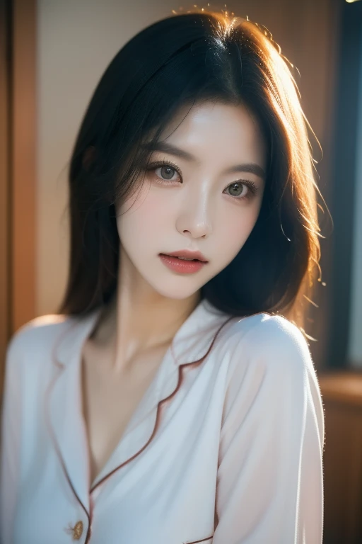 8k, RAW photo, best quality, masterpiece:1.2), (realistic, photo-realistic:1.37), ultra-detailed,full body,1 girl, solo,beautiful detailed sky,detailed bedroom,night,beautiful detailed eyes,beautiful detailed lips,professional lighting, photon mapping, radiosity, physically-based rendering,extremely detailed eyes and face, beautiful detailed eyes,light on face,cinematic ,business_suit,garter_straps,1girl,full body,full-body shot,see-through,looking at viewer