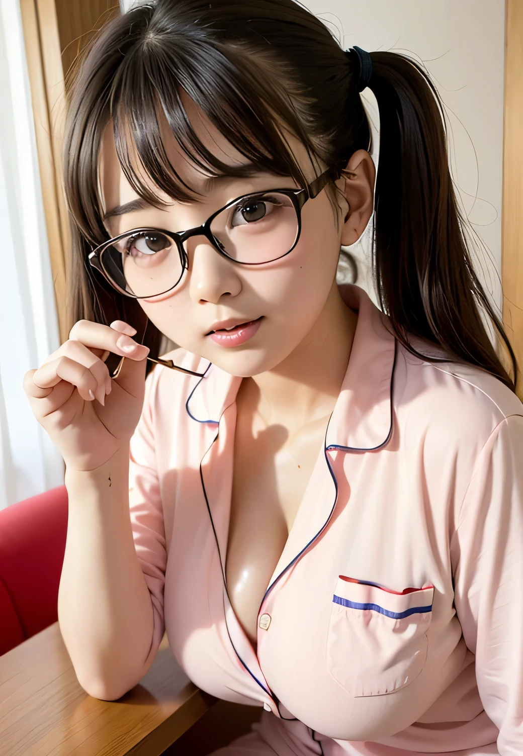 sexy maid, frill, 1girl, glasses, solo, horse girl, brown hair, looking at viewer, smile, hair ornament, medium hair, bespectacled, green eyes, breasts, yellow eyes, side ponytail,aston machan \(umamusume\), (Tongue out:1.3), kneeling, from above, front view, cleavage, (sweat:1.3), perspired, (drooling:1.3), raise up hands