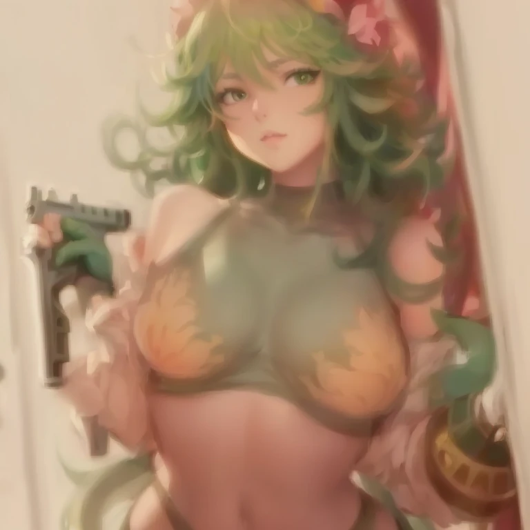 ((highest quality)), ((masterpiece)), (be familiar with),Lady,Green Hair,((nsfw)),Pussy,clitoris,Small breasts,Flat Chest,Small breasts,Big nipples,Erect nipples,Large areola,Tattoo of the uterus,Obscene tattoos,Sexual tattoos
