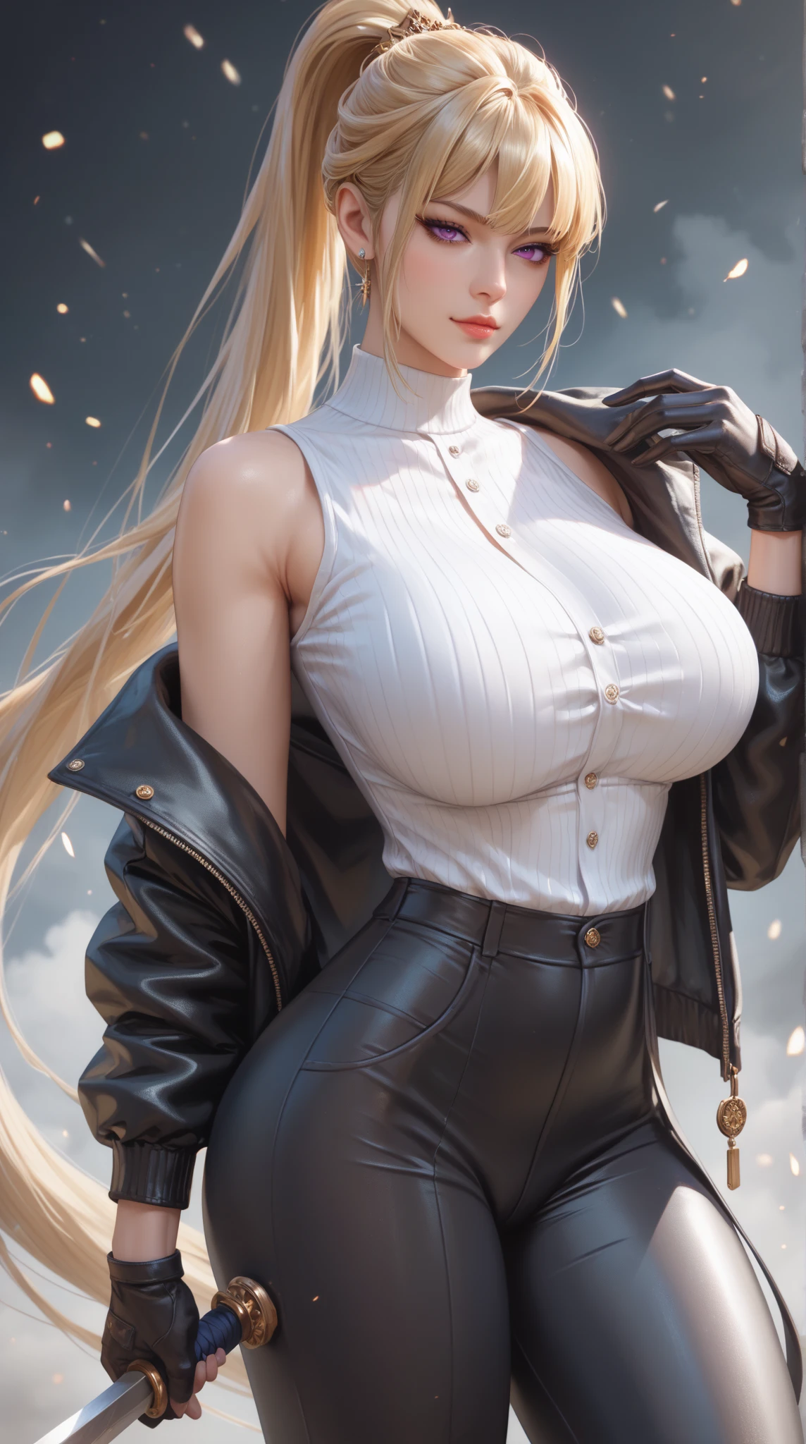 ((masterpiece)), ((best quality)), (ultra-detailed), ((extremely detailed)), 4K, (8K), best quality, (beautiful),realistic, real, ((masterpiece)), ((highest quality)), (Super detailed), ((Very detailed)), 4K, (8k), highest quality, (beautiful),Genuineテイスト, Genuine,(One girl,Mature Elf Woman,Long, straight, medium-length golden hair,leather jacket,White silk shirt,Big Breasts,necklace,Multiple ear piercings,Curvaceous figure,Narrow waist,The body is slim,Distressed jeans,boots,派手なleather jacket,Wallet Chain,Fancy belt,(tattoo:1.1),(Put your hands in your pockets:1.1),Midnight City