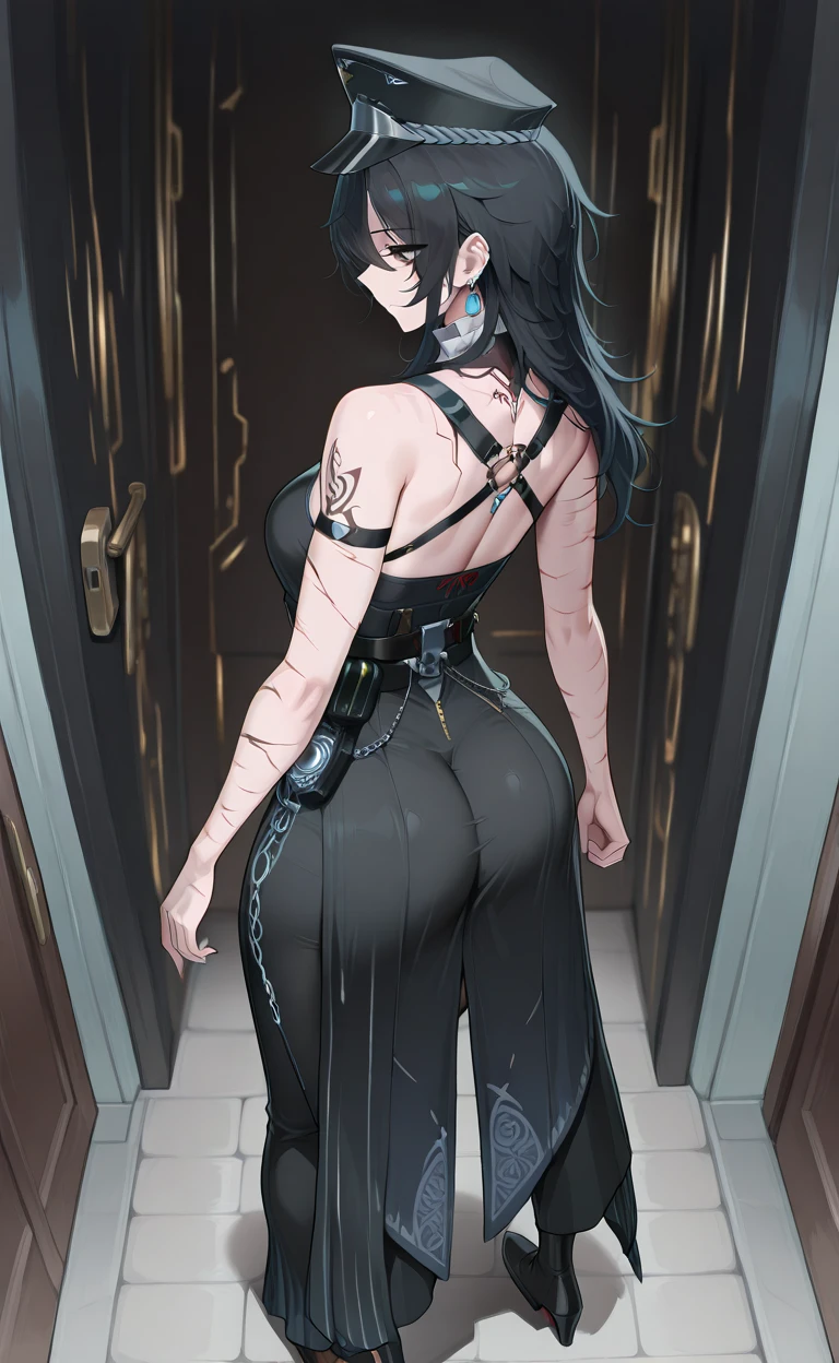 (REAR VIEW, rear view),(work of art:1.3), ((best qualityer:1.3), I am not, 1 girl, Polarized glasses, older, shorth hair, , collared, mole above mouth, oculos de sol, large older, ((Clothes Envelope)), ((striped clothes)), captive, chemise, longsleeve, Stripescaptivelongsleeve, trunk, manacles, Black and white lines, (Prison bars background :1.4), (iron groceries),( Showing black underwear),( swirly vibrant colors), (captive:1.4 ), (Exquisite face :1.4)