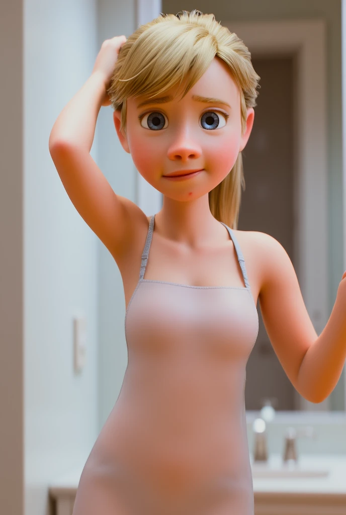 porn pixar,girl sitting on. old style TV,transparent shorts showing bare ass,back to viewer,face turned to the side looking into the hall.