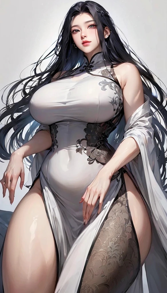 Masterpiece, very detailed, ultra detailed, one, (1 woman), She is in black draped clothes and in an elegant pose, super mature, tall, mom, mature mother, super long hair, straight hair, dark black hair, super black hair, beautiful, charming, sapphire blue eyes, light blue eyes, elegant, medium breasts (huge, torn), cheerful breasts, six press packages, neutral face, charming, victory atmosphere, against the background of clouds and the big sun.