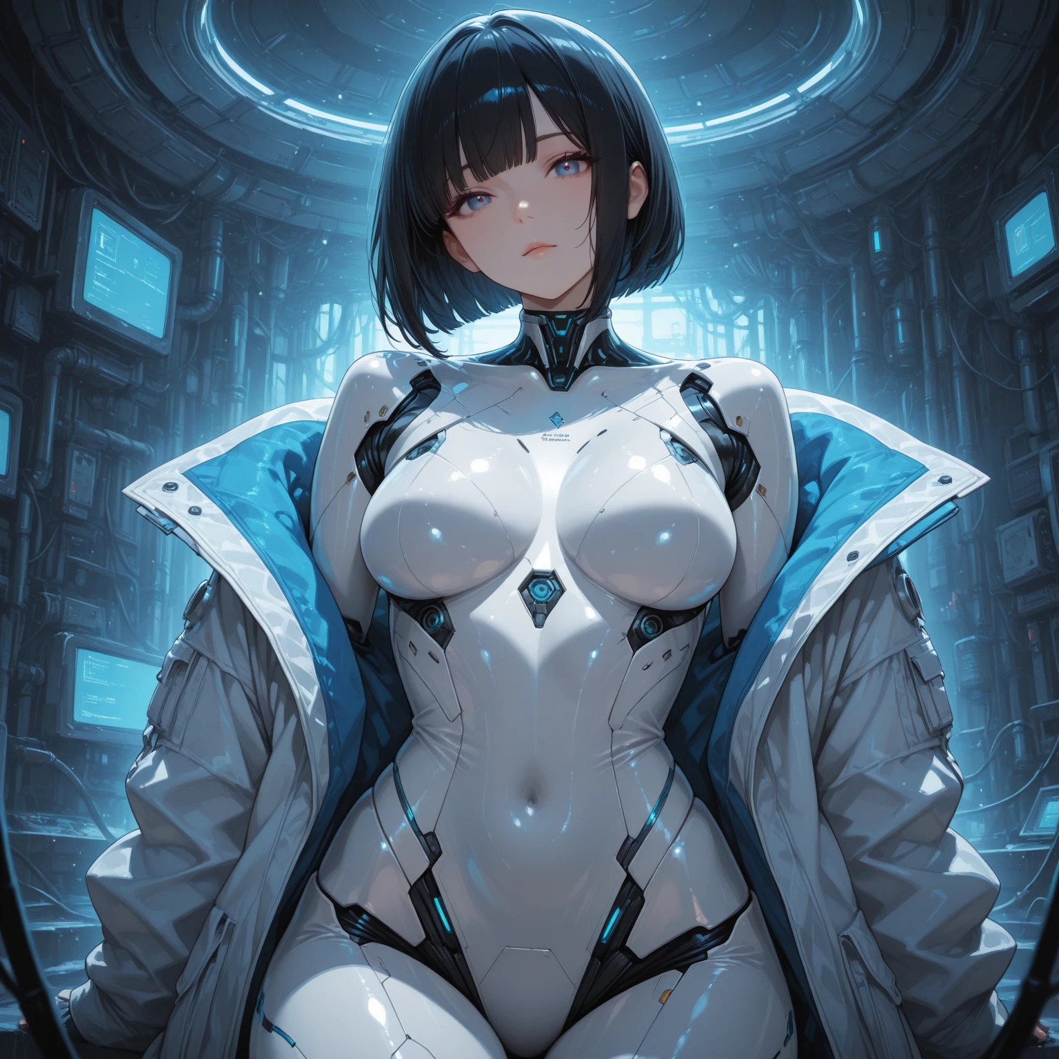 (SLE, mksks style, detailed background:1.1), (solo:1.3), mature, woman, white metal skin, robot body, blue lips, blue hair, bobcut hairstyle, blue_eyes, glowing eyes, voluptuous body, happy, full body view, head tilt, close up, volumetric lighting, (indoor:1.3), spaceship, sitting down, moaning, seductive look,