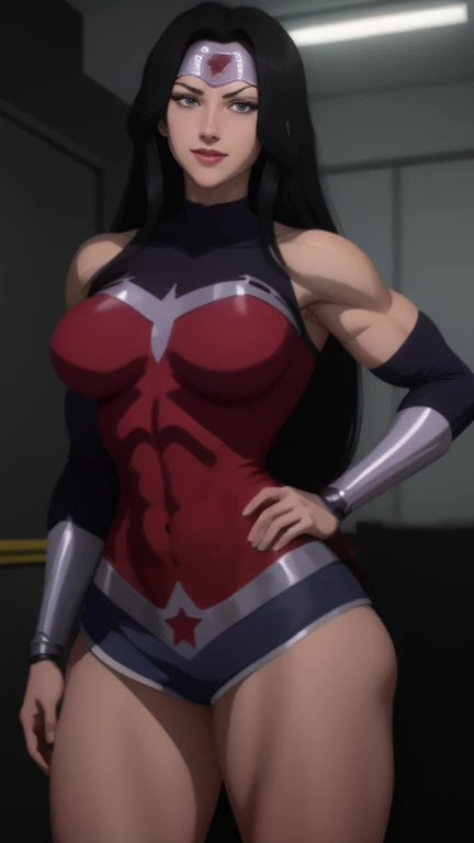 An emo girl shy nervous afraid dumb quiet sexy cute beautiful beautiful big breast long wavy black hair her pink eye she wears a red corset under a black vest shows her navel and a metallic black pants yellow boot long yellow metal gloves