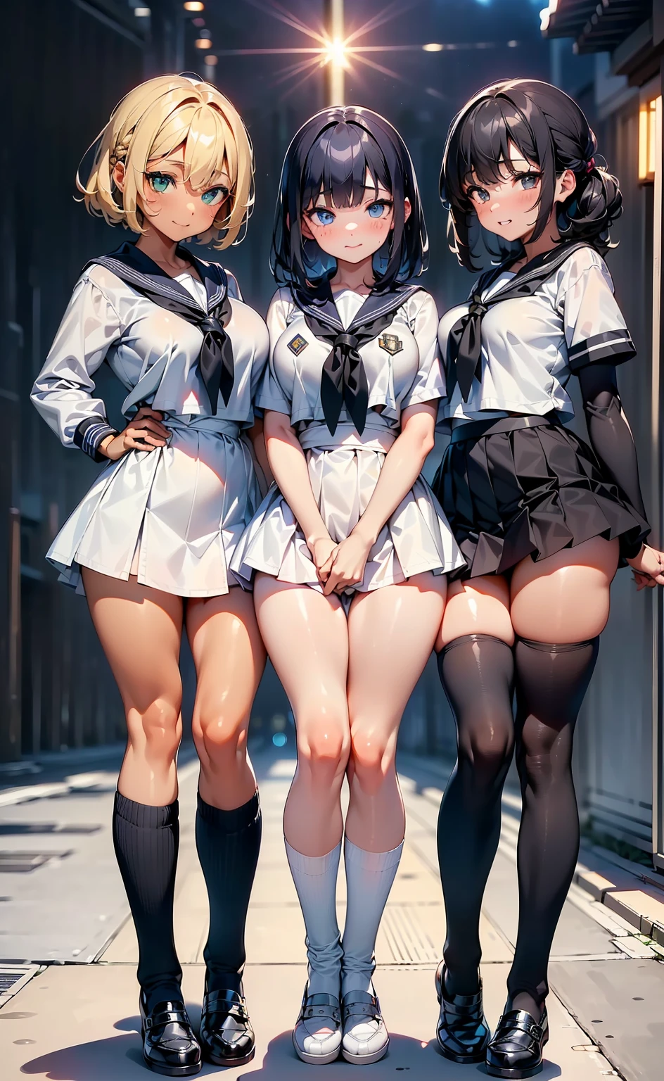 (((masterpiece, Highest quality, High resolution, 超High resolution, Pixel perfect, Written boundary depth, 4K, RTTX10.0, High resolution))), Beautiful Anime Women, Beautiful art style, Anime characters, ((Long Hair, bangs, Dark brown hair, ponytail)), ((Smooth texture, Realistic texture, Anime CG Style)), Perfect body, (Slender body:1.2), Exact finger count、Exact number of legs、(Exact number of arms:1.0, Exact number of hands:1.0), (Three women standing side by side, Lean your torso against the table to expose your buttocks., Angle from above the back:1.3), (Fashionable white shirt, Sailor collar, Knee-high socks, loafers, Pleated mini skirt:1.3), Realistic, Highest quality, High resolution, Perfect lighting, Highly detailed CG, (Perfect hands, Perfect Anatomy), (School classroom:1.3), Daytime lighting, whole body, ((Stylish shiny satin panties, side-tie white panties, Black lace trim :1.3)), (Beautiful and thin thighs、Beautiful little ass:1.3),cum in pussy