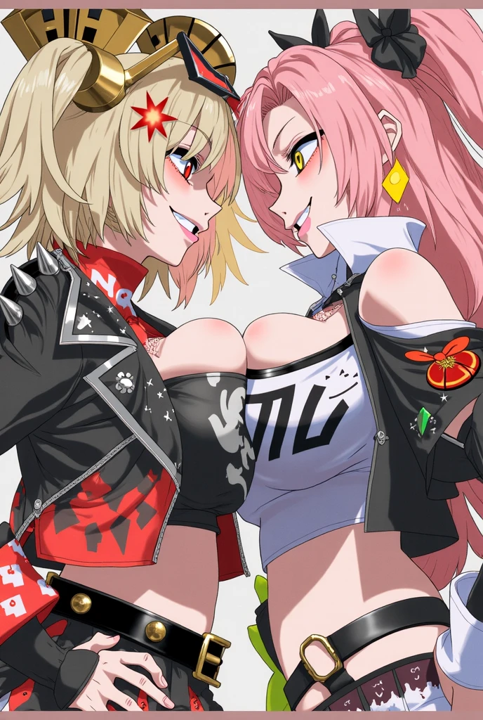 big lips, Brown hair, pink eyes, japanese face, improve, improve grin, two sides up, huge breasts, Wide hips, sexy, detailed, pink room, Hits, (evil smile1.4), kawaii, pleated skirt, punk, GOOD, Pink and black suit, plaid skirt, punk shirt, choker, punk skirt, punk shirt,navel piercing
