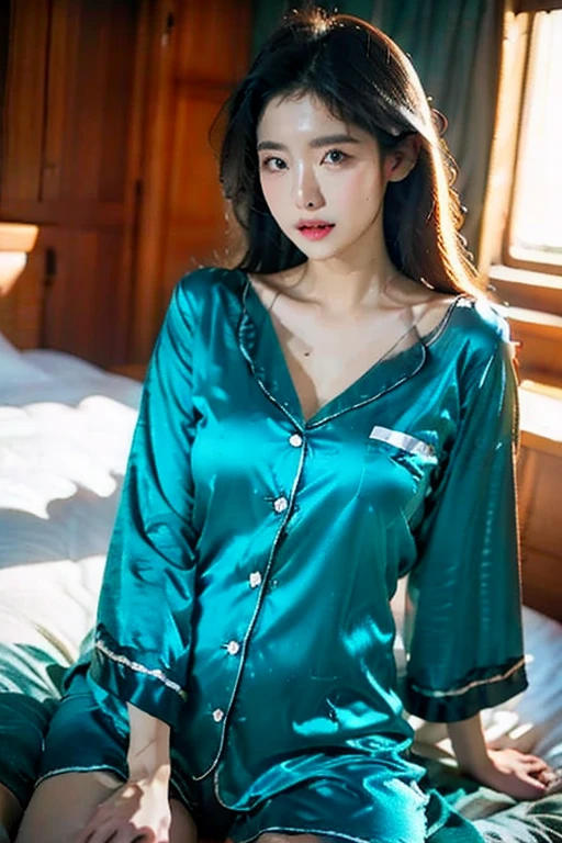 top Quority，Ultra-clear resolution,  ((Beautiful Chinese aunt).   Body.   Sexy.   Slim.   Thin.   Captivating.   Natural face.   No lipstick.   Messy Bun.   ( no Earrings-Earrings).

((Micro panties)),   ((breasted button-up. Green pajama sleep shirt)),    long legs_full body.    Pose.erotic.    sit down.     On bed