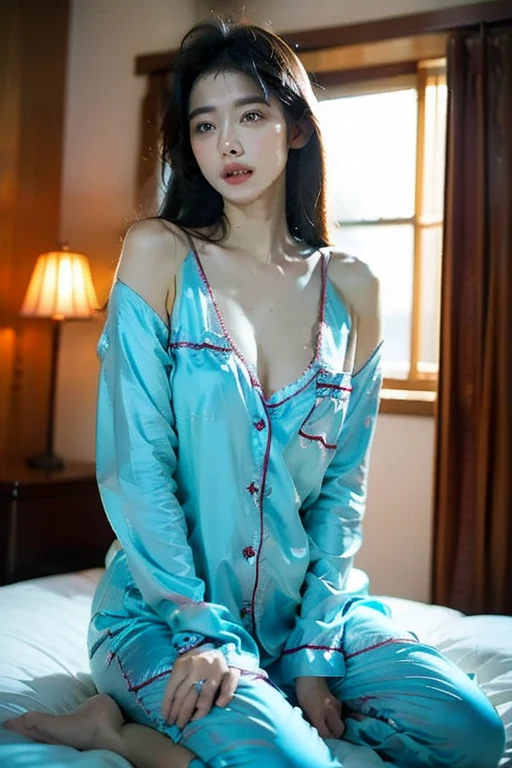 top Quority，Ultra-clear resolution,  ((Beautiful Chinese aunt).   Body.   Sexy.   Slim.   Thin.   Captivating.   Make-up face.   Ombre lipstick.   Messy Bun.   (Earrings-Earrings).

((Micro panties)),   ((breasted button-up. pajama sleep shirt)),    long legs_full body.    Pose.erotic.    sit down.     On bed