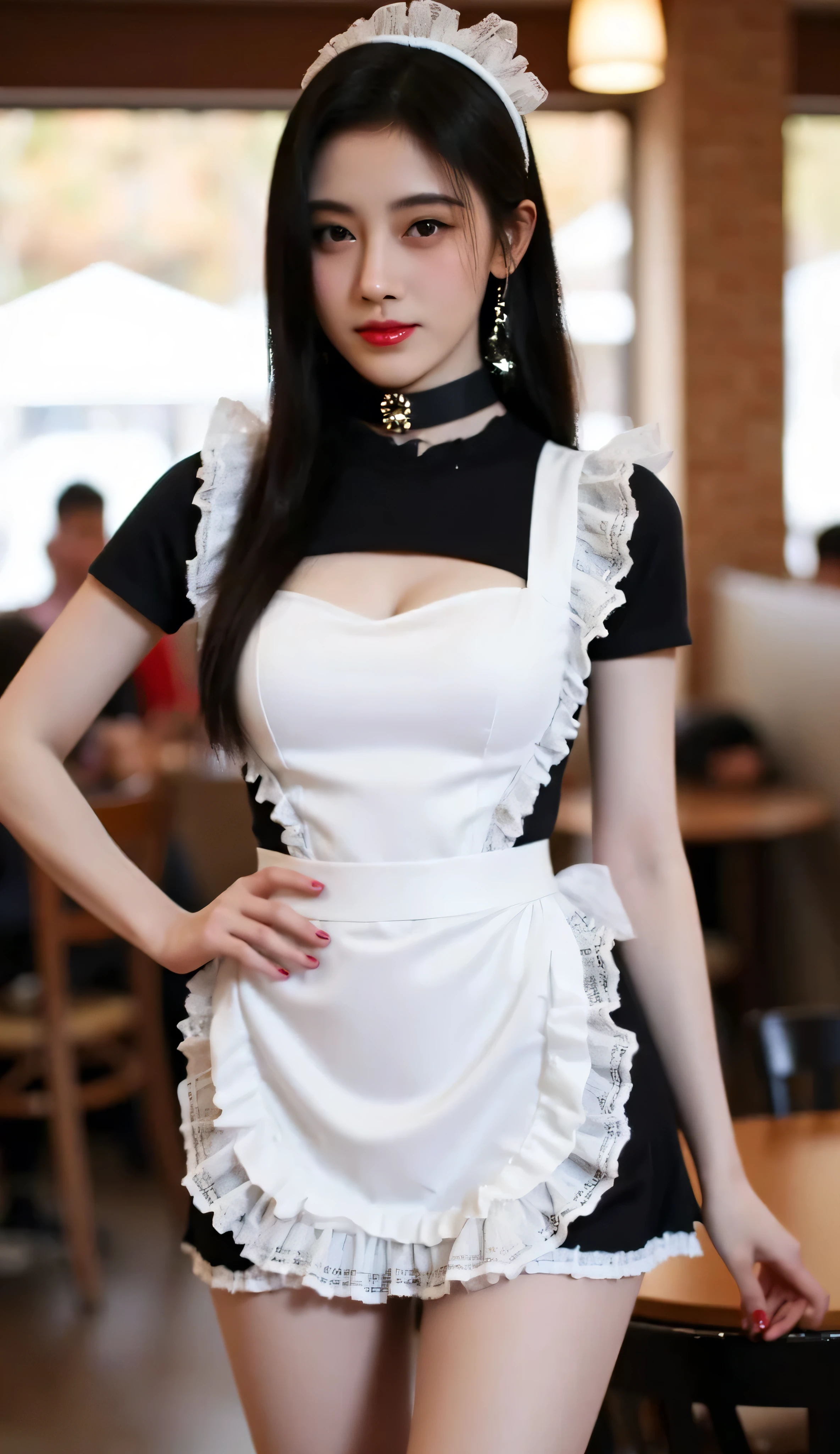 Hourglass body shape , Maid wearing SexyMaidCostume, kanna,score_9,score_8_ up,score_7_ up,
ultra detail, absolute resolution, 32K, masterpiece, High Quality , High Definition, cowboy shot,
beautiful Japanese girl, Slender, Pretty face, Skinny girls, Thin Waist, Black hair, long hair, large breast, wearing a short black and white French maid dress with frilled apron and lace trim, thigh-high stockings, black heels, uniform covering the stomach, standing
perfect hands, Perfect Anatomy, Venus rift, Thin Legs, gaps between thighs, from the front, (Smiling: 1.1), Cafe Interior