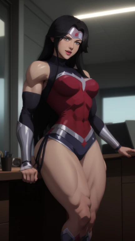 bayonetta, cloak, black underwear with lace, sunset cemetery, fluttering hair, dark red ponytail, bangs, long wavy hair, long curl hair, thick thighs, (abdominal muscle:1.2), long eyelashes, eyeshadow, blush, gentle smile, upper body from below, spread legs