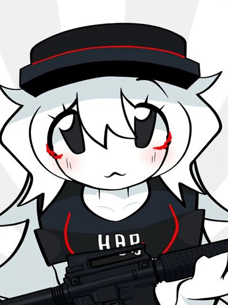 masterpiece, best quality, <lora:jakuzure_nonon-20:0.8>, (jakuzure nonon), (black soft hat), (holster), (black gloves),(utility belt),(shoulder holster), <lora:gudaguda-20_hi_res:0.8>, (gudaguda), (chibi), (o_o)