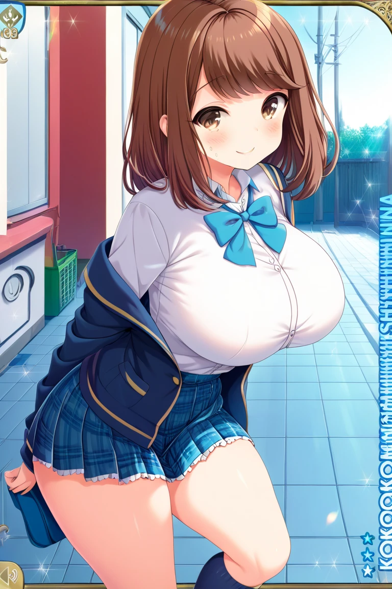 A Cute Young Girl, ((Very Excessively Plump)), (Incredibly Overwhelmingly Huge Extremely Thick Thighs), (Extremely Enormous Butt), (Overwhelmingly Large Breasts), (Long Dark-Brown Hair), Beautiful Blue Eyes, ((Shoulder-less, Red Dress, with Black shoulder straps)), big cleavage, ((Short-ish Black pleated Skirt)), sitting on the ground, with an embarrassed expression, and a cute Smile, Absurdly Extremely Overinflated Excessively Over-Exaggerated Thighs, she is very embarrassed by her Unreasonably Excessively Oversized thighs, Ultra-Massive Anime Thighs, side-shot, Looking at camera,