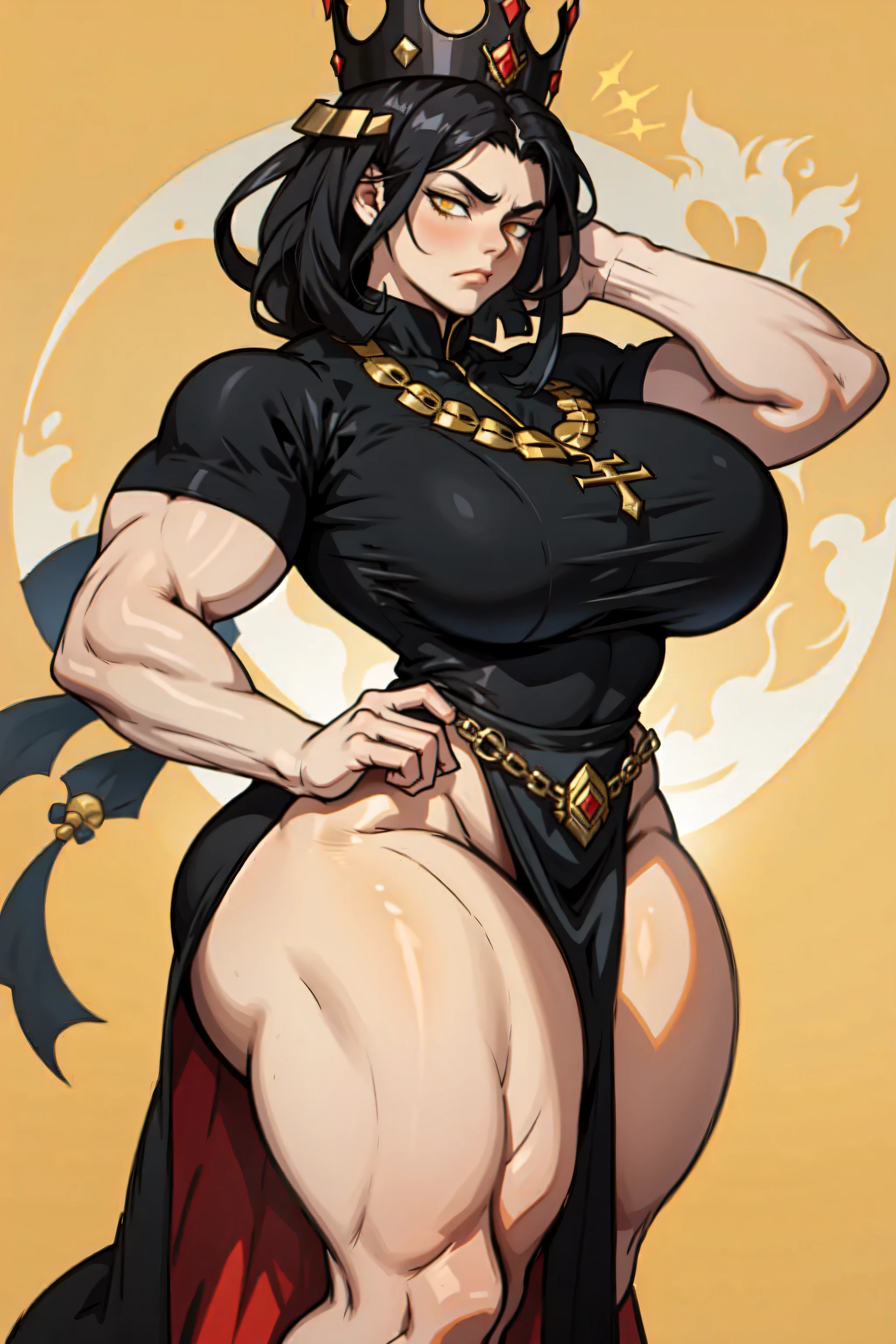 (((muscular girl huge breasts))) black hair yellow eyes pale skin frown UHD 16k best quality wide hips crotch veil pelvic curtain