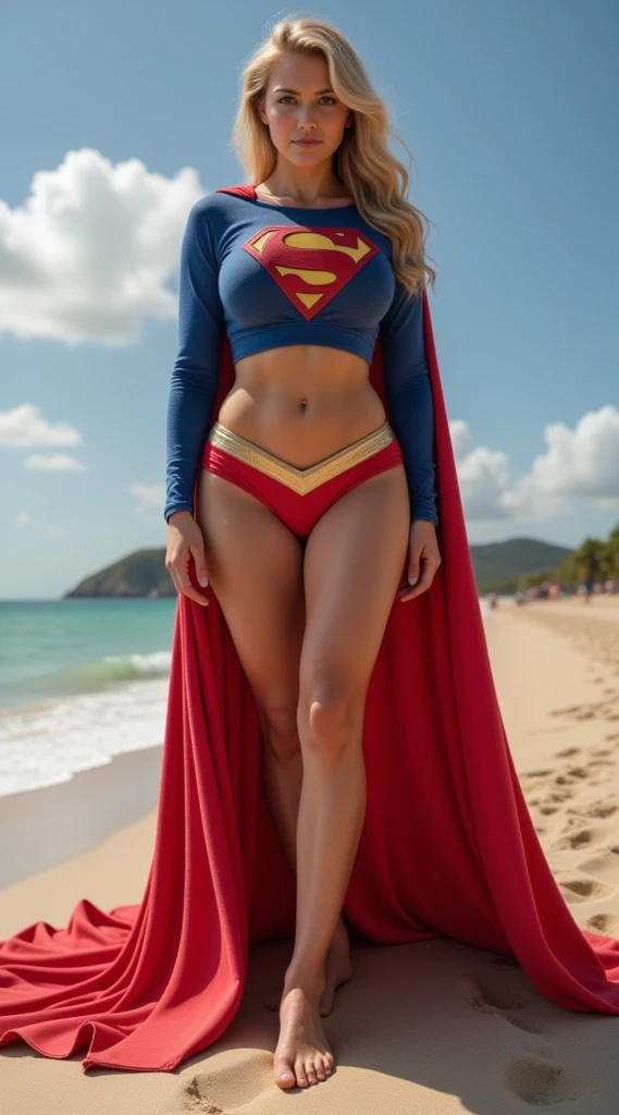 NSFW (red bikini) (Supergirl ((human)) medium breasts, cameltoe) fully body, walking on a deserted beach