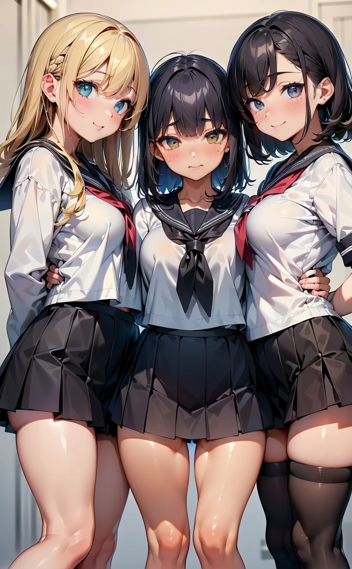 (Cute eyes:1.2), (Arcade:1.2),(Beautiful Eyes:1.2), Highest quality,wonderful,finely,Highly detailed CG Unity 8k wallpaper, (The three of them lined up and hugged:1.3),(kiss:1.3),(Height difference:1.5), (Three Girls, Sailor suit, Skinny body, Dressed), (Huge breasts), (Open your mouth:1.1),(White knee socks:1.3),(Thighs:1.3),(Waistline:1.2),(お揃いのSailor suit:1.2),(From behind:1.2),(Beautiful eyes:1.2),(Different hairstyle),(All three have different eye colors:1.5),(All three have different skin colors:1.5),(Thighsまで隠れるニーソックス:1.4),(Very short skirt:1.5),Earrings