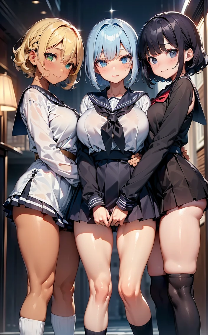 (Cute eyes:1.2), (Sparkling eyes:1.2),(Beautiful Eyes:1.2), Highest quality,wonderful,finely,Highly detailed CG Unity 8k wallpaper, (The three of them lined up and hugged:1.3),(kissing:1.3),(Three people with different heights:1.5), (Three Girls, Sailor suit, Skinny body, Dressed), (Huge breasts), (Open your mouth:1.1),(White knee socks:1.3),(Thighs:1.3),(Waistline:1.2),(お揃いのSailor suit:1.2),(From behind:1.2),(Beautiful eyes:1.2),(Different hairstyle),(All three have different eye colors:1.5),(All three have different skin colors:1.5),(Thighsまで隠れるニーソックス:1.2),(Very short skirt:1.3)