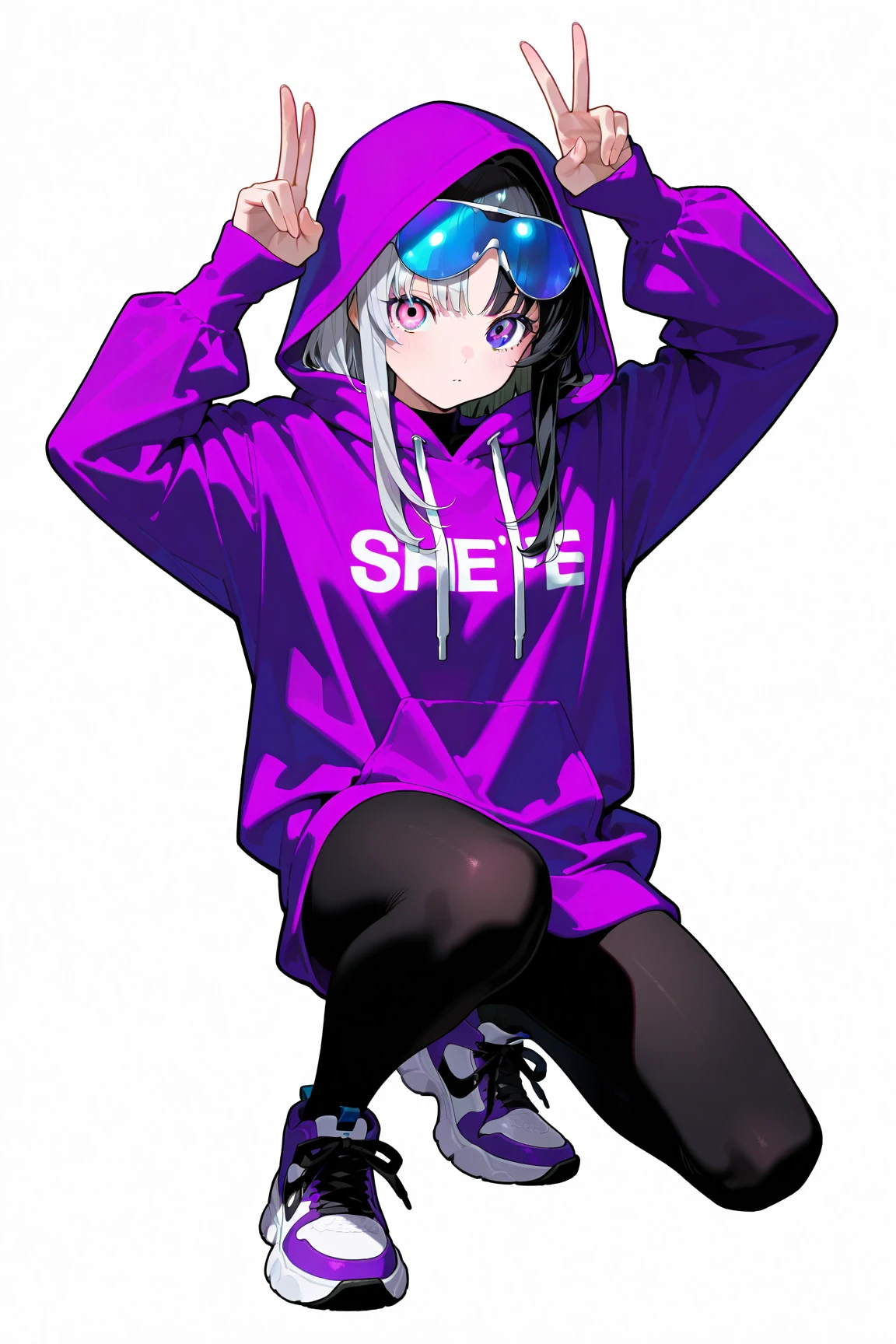best quality, 4k, ((masterpiece)), extremely detailed, 8k, trending on ArtStation, Intricate, High Detail, Sharp focus,
1girl, solo, blindfold, smirk, low twintails, covered eyes, grey hair, facing viewer,cowboy shot, purple ribbon,medium breasts,track suit, outdoors, hands in pockets,walking,standing, fantasy,fantasy city,
 <lora:Daphne:1>