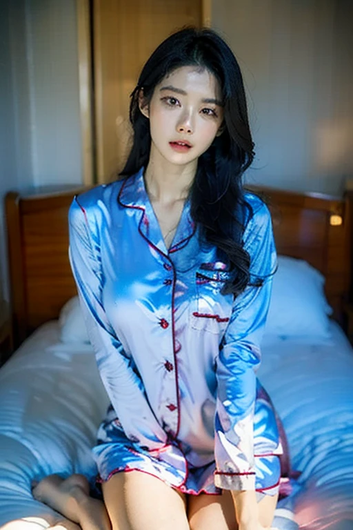 top Quority，Ultra-clear resolution,  ((Beautiful Chinese aunt).   Body.   Sexy.   Slim.   Thin.   Captivating.   Natural face.   No lipstick.   Messy Bun.   ( no Earrings-Earrings).

((Micro panties)),   ((breasted button-up. Blue pajama sleep shirt)),    long legs_full body.    Pose.erotic.    sit down.     On bed