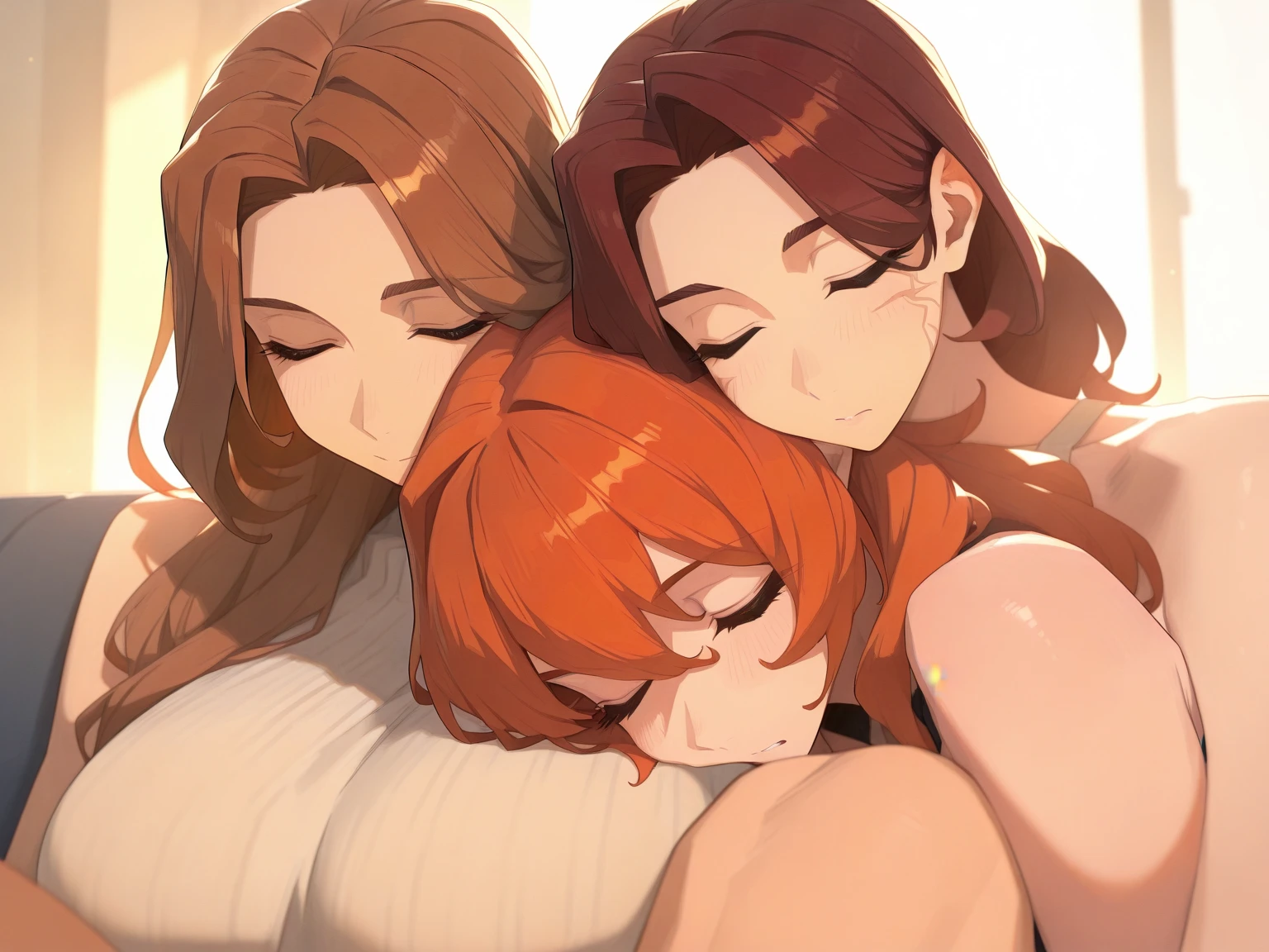Mature ,horny women, prostitute, red hair, voluptuous, Sensual body, all naked, having sex, ahegao, sex grupal poses, hardcore sex, hard fucking women, group men and women