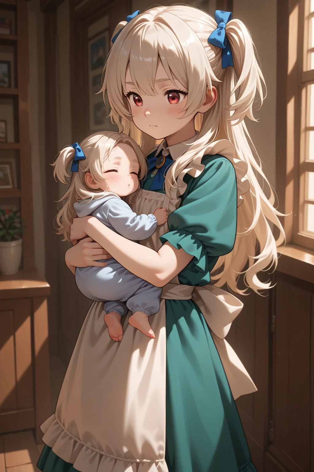 doting mother holding a baby,gently cradling baby in her arms,nurturing care for little ,warm motherly embrace,gentle touch of a mother's hands,affectionate gaze from mother's eyes,soft and delicate baby skin,sweet and innocent smile of the baby,adorned with a floral headband,loving bond between mother and ,peaceful and serene atmosphere,beautiful garden in bloom,colorful flowers in vibrant hues,lush green grass and blooming trees,sparkling sunlight filtering through the leaves,ethereal and dreamy ambiance,impressionist painting style,soft brushstrokes and vibrant colors of oil painting,warm and harmonious color palette,subtle play of light and shadows,masterpiece:1.2,ultra-detailed,realistic:1.37,vivid colors,sharp focus,studio lighting.