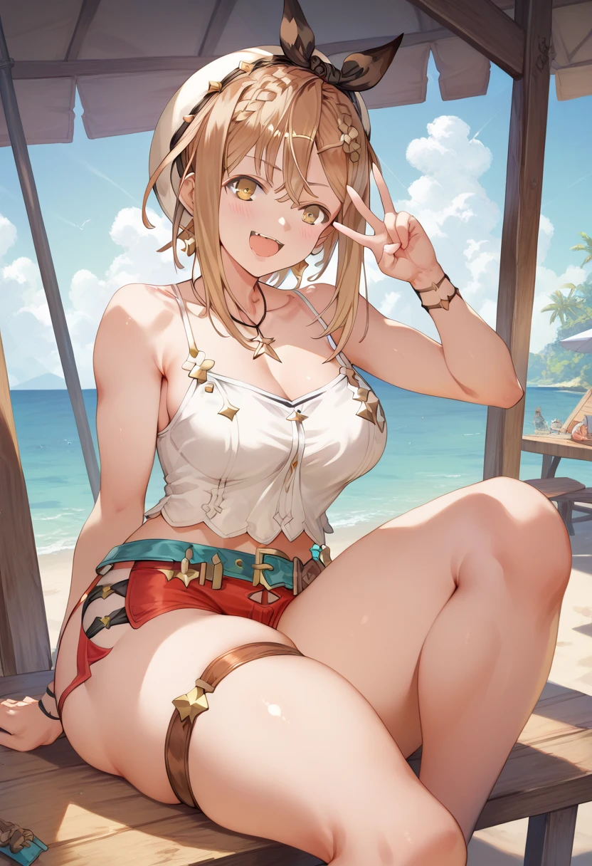 masterpiece, best quality, beautiful art, high resolution, well formed hands, body and fingers, 1 woman, solo, Lumine , blonde, full body picture, grown up, adult, large and rounded breasted, cleavage, hair ornament, wearing a Dangerous Beast outfit , dangerous_beast_cosplay, claws, fangs, wolf ears and wolf tail, full body, sexy and skimpy bikini, gorgeous hips, legs and thighs bouncing breasts, red boots,fighting in a combat match, showing her fighting skills, making her guard, about to hit the viewer, looking at the viewer, sweating, bouncing breasts, smiling joyfully and brightly, being confident and proud, action and fighting scene, fighting cage on beach environment.
