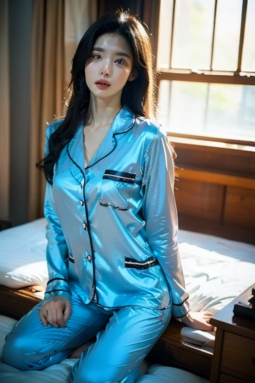 Big breasted button-up. pajama sleep shirt long legs_full body. Pose.erotic. sit down. On bed