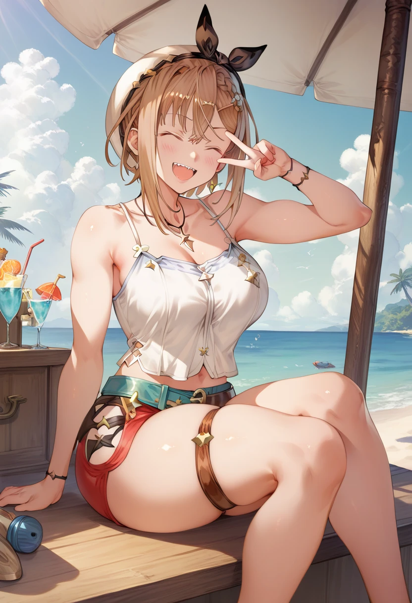 Anime illustration、highest quality、A short and plump female traveller、Tube top、Tropical、Perfect proportions、overwhelmingly big breasts、Beautiful, shining eyes、Blushed、smile、Cowboy Shot