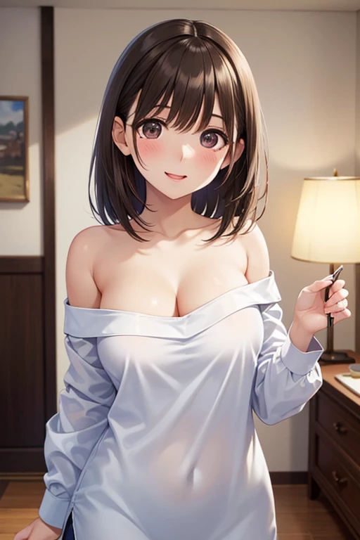 Frame-in, from the front of the face and body, look straight, Upper body, high quality, very high resolution, high quality, very high resolution, pretty girl, brown hair, amount, dull bangs, bob cut, brush up bangs, (nude),((topless)), medium breasts, pale pink nipples, brown pleated skirt, upright, Are standing, smile, no background