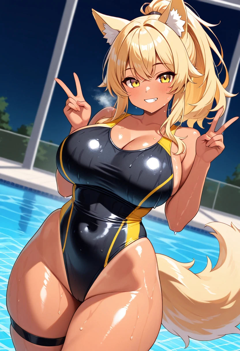 amy, ponytail, bangs, long hair, fox ears, fox tail, thick thighs, breasts, 1girl, wide hips, large breasts, blonde hair, smile, ponytail, tan, one-piece swimsuit, black one-piece swimsuit, competition swimsuit, blue trim, pool, poolside, happy