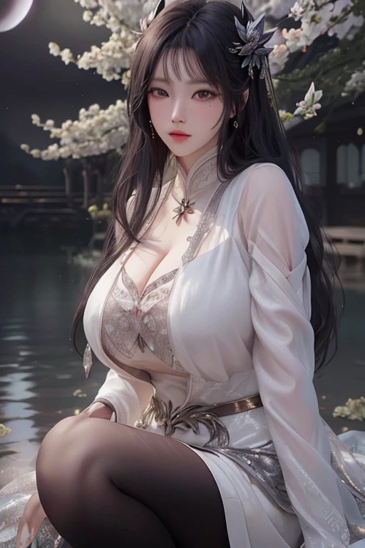 evil anime human woman. half-up long black hair. fair skin. purple eyes. gigantic boobs. Modest Wuxia clothes. snowflake necklace. mauve smirking lips. Realism style. 3D anime model style. CGI animation. Wuxia style. Frosted Garden background.