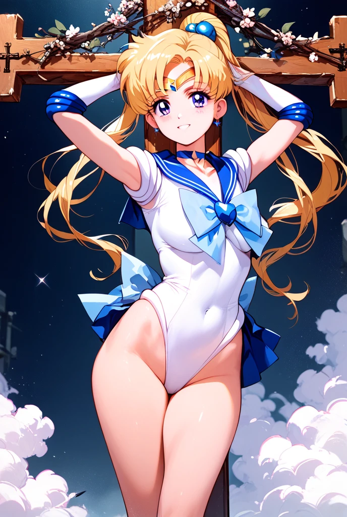 Sailor Moon anime character, adult woman, blond hair, blue eyes, long hair with two buns, heart-shaped face in a white negligee and high heels on a catwalk with an audience in the background