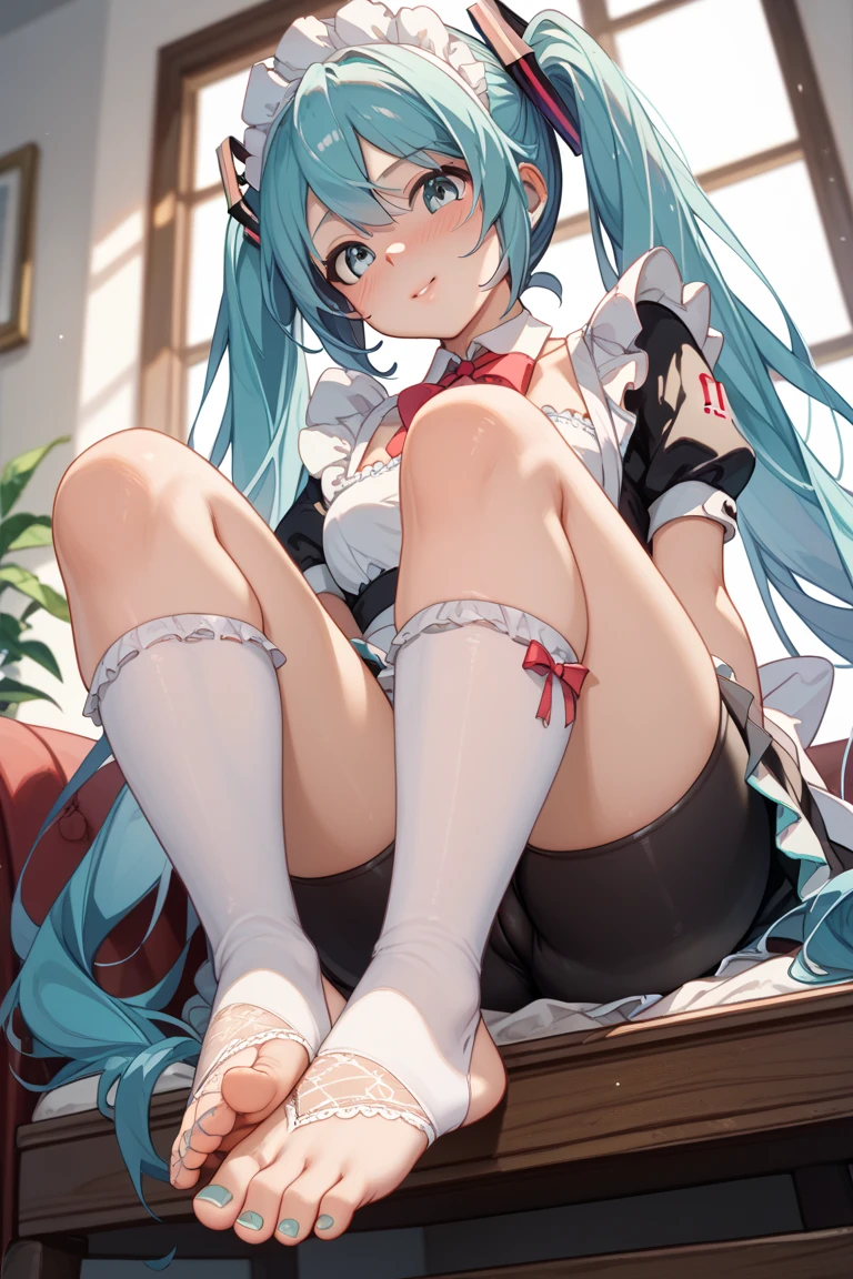 masterpiece, highest quality, High resolution,  Long Hair， Short skirt、Drooping eyes，Outdoor，barefoot，Looking up，Embarrassed face，Angle from below、Big Breasts，Spread your legs、Hatsune Miku Cosplay、White underwear、See-through、Gothic Lolita