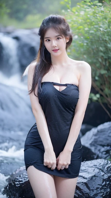 ((best quality, 8k, masterpiece :1.3)),(Practical, lifelike:1.4), original photo, high resolution,sit on the floor， Beautiful woman，Have a perfect body :1.4, ((Large Breasts:1.6)),Black dress，In the woods，Upper body photography，Smile，eyes looking at camera，character-centered，Shooting from a distance，