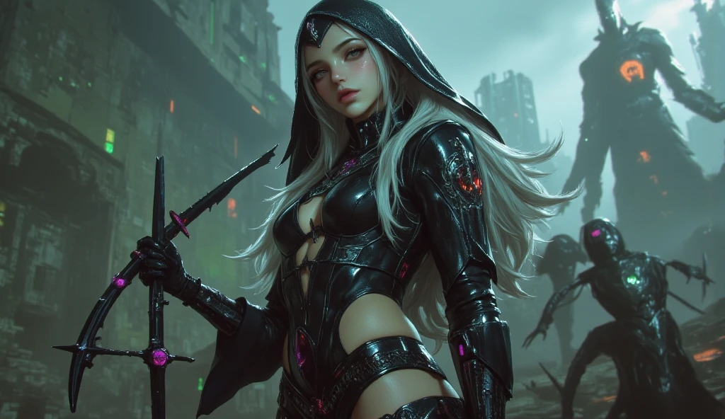 ((best quality)), ((masterpiece)), (detailed),night,nighttime, cold colours,metropolis,bridge,
1girl,mature,pretty,petite,
blue eyes, (medium breasts:1.4), long hair, white hair,red lips,
hoodie,hood,loafers, mini skirt, dress, gloves, hood, short dress, stockings, cleavage, bandages,
ashe \(league of legends\), league of legends, <lora:ashe_lol-000037:0.7>
roof top,bench,portrait,low angle from ground,raytracing,<lora:add_detail:1>