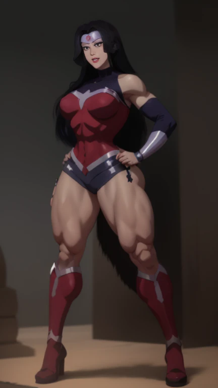 "Realistic depiction of a werewolf woman with the best quality. She wears a black high cut bodysuit, showcasing her muscular physique and large bust. Her hourglass body is thicc and fit. Her fierce demeanor is accentuated by her sharp claws and teeth. She is covered in fur, giving her a monstrous yet sexy appearance."